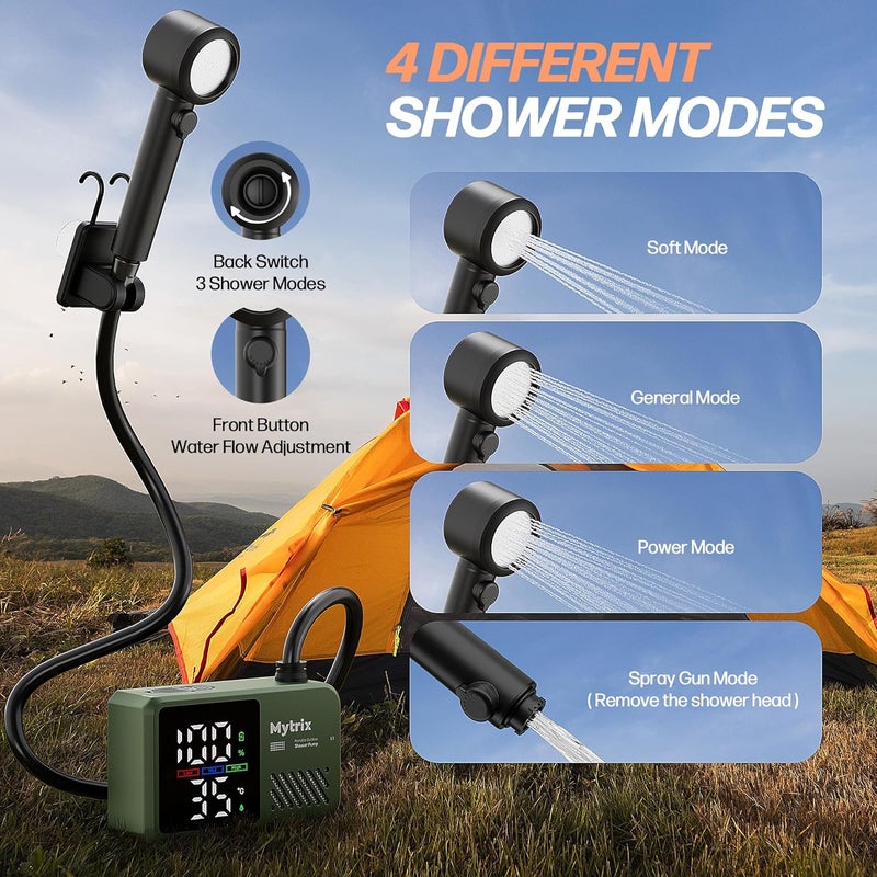 Mytrix Portable Camping Shower Pump with Foldable Bucket, 10L/Min High Flow, 7800mAh Rechargeable Battery, 4 Spray Modes, IPX8 Waterproof Outdoor Shower for Hiking, Travel & Pets - Image 5
